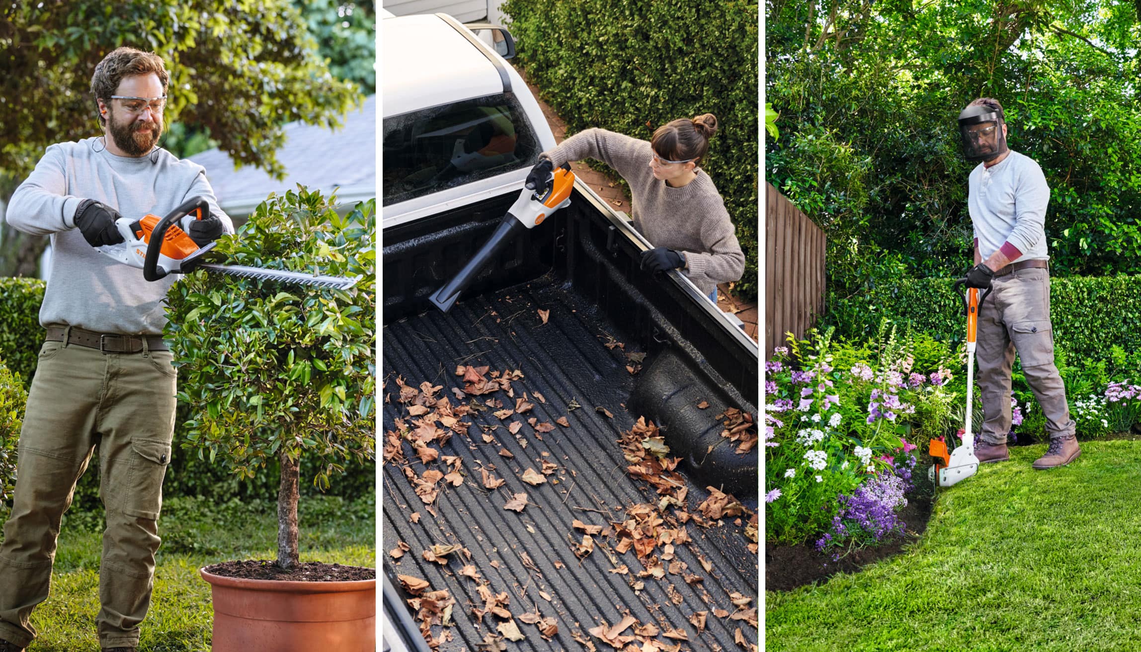 STIHL tools in the AS system, HSA 40 cordless hedge trimmer, SEA 20 cordless handheld vacuum, FSA 30 cordless brush cutter