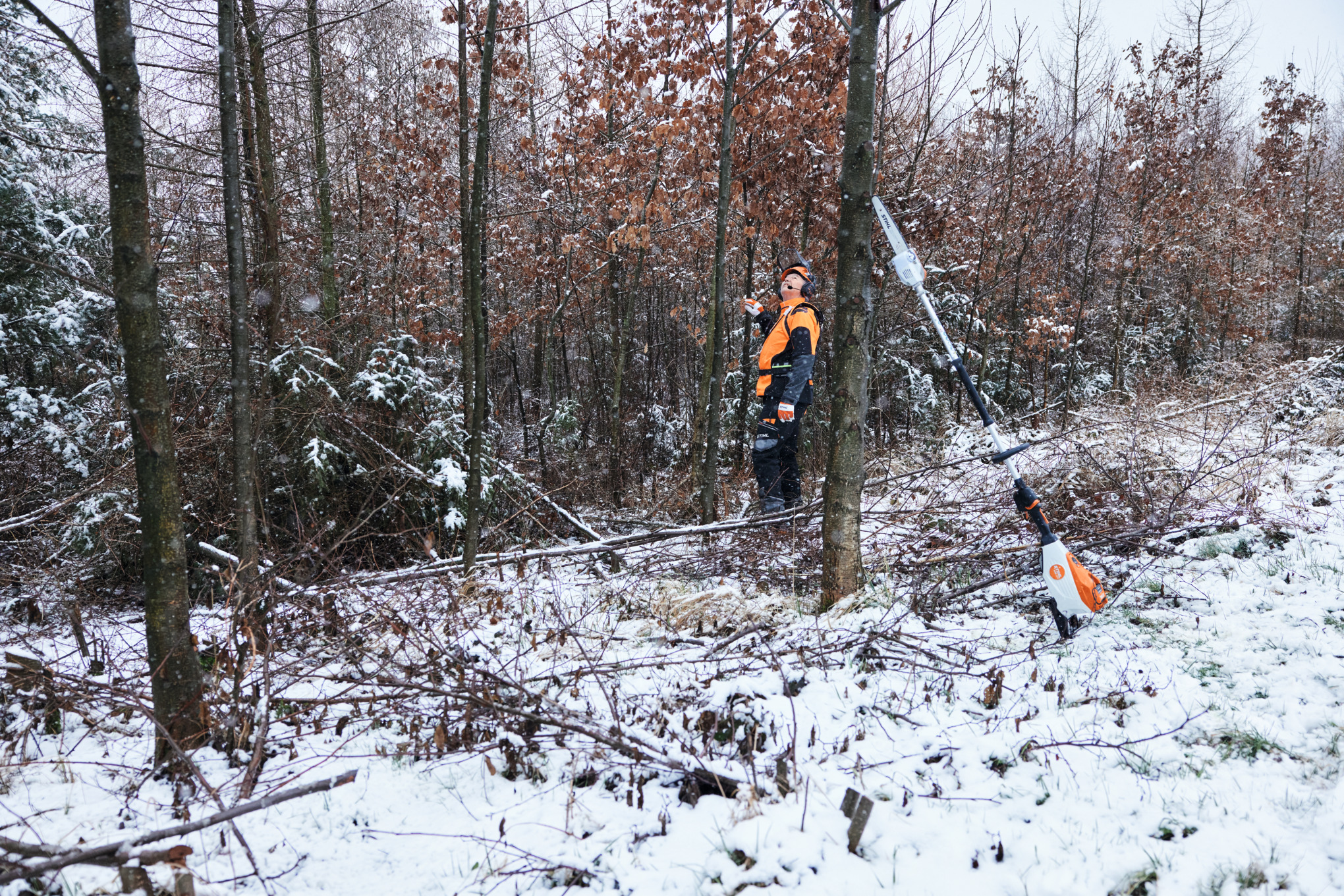 Čovek radi u zaštitnoj opremi u zavejanoj šumi, u prvom planu STIHL HTA 150 baterijski rezač visokih grana naslonjen na stablo
