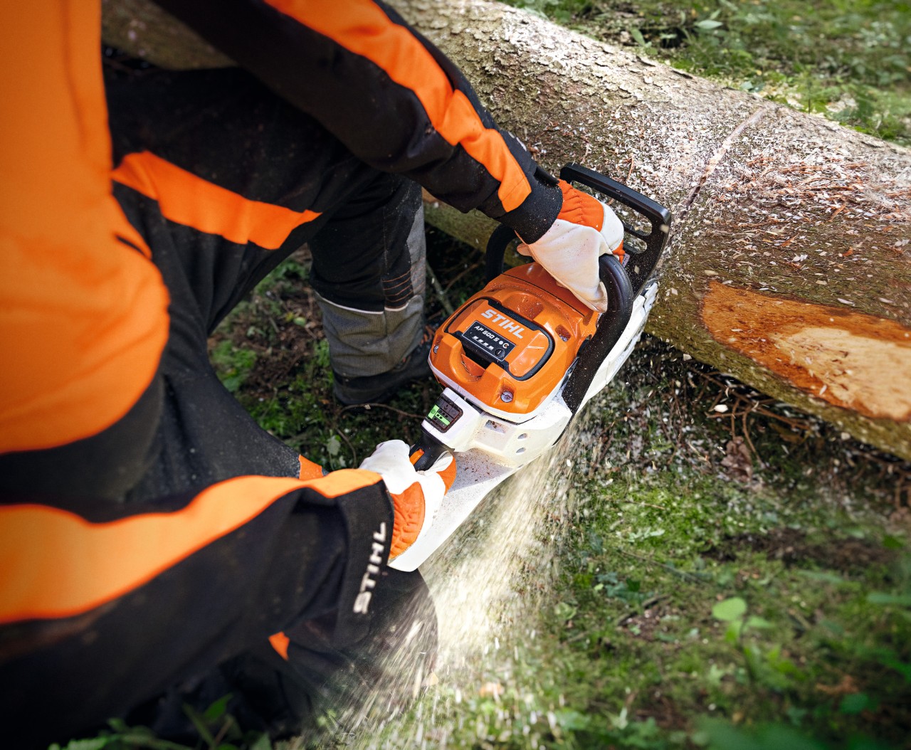 Osoba preseca stablo baterijskom motornom testerom STIHL MSA 300 u krupnom planu