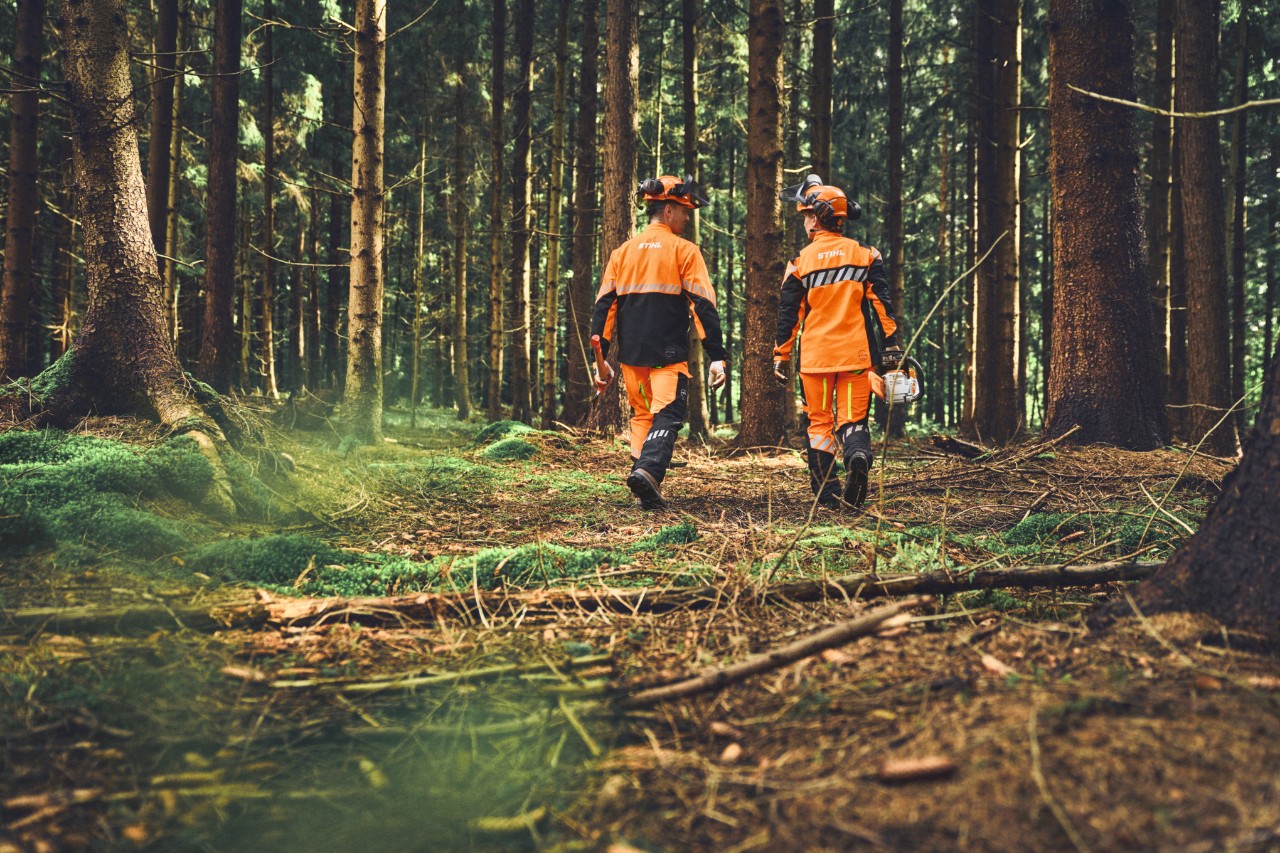 Prikaz pozadi na šumare koji nose STIHL zaštitnu odeću prilagođenu kretanju