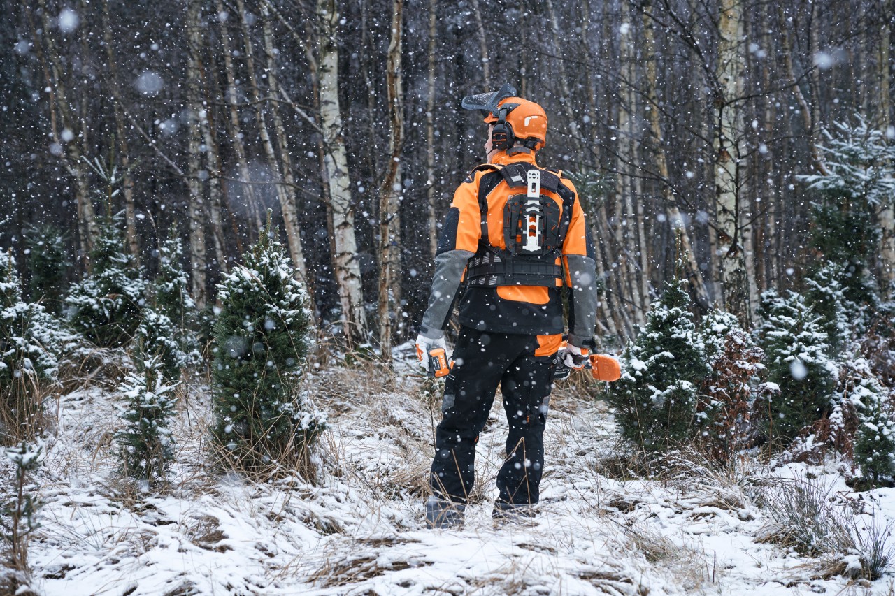 Šumari prikazani s leđa u šumi prekrivenoj snegom, sa STIHL zaštitnom opremom sa modularnim sistemom kaiša i baterijskim uređajima za negu mladih sastojina