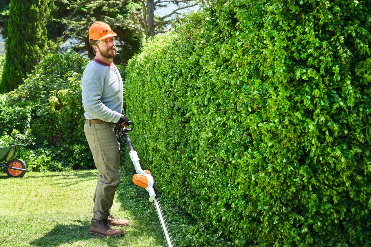 Čovek polako hoda duž žive ograde sa baterijskim trimerom za živu ogradu STIHL HLA 56