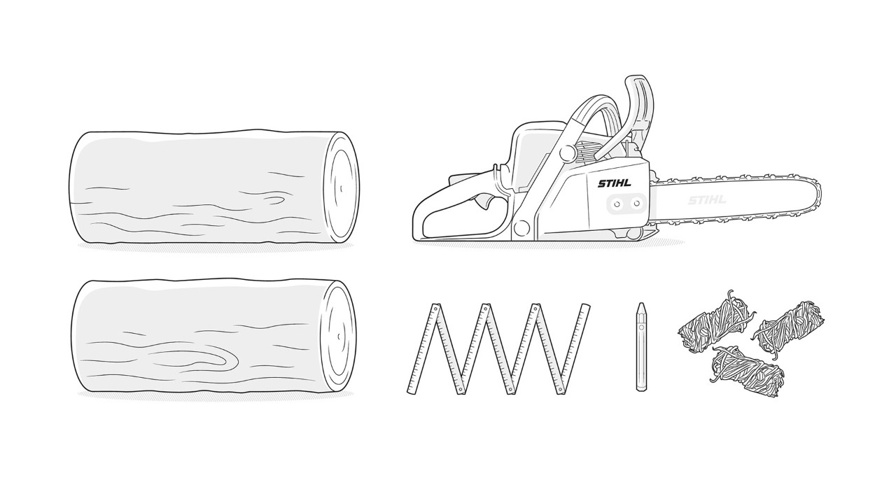 Ilustracija materijala: drvo, STIHL motorna testera, lenjir, olovka, upaljač za roštilj